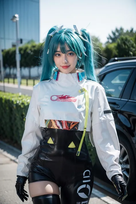 a woman with blue hair and a white shirt is walking down the street