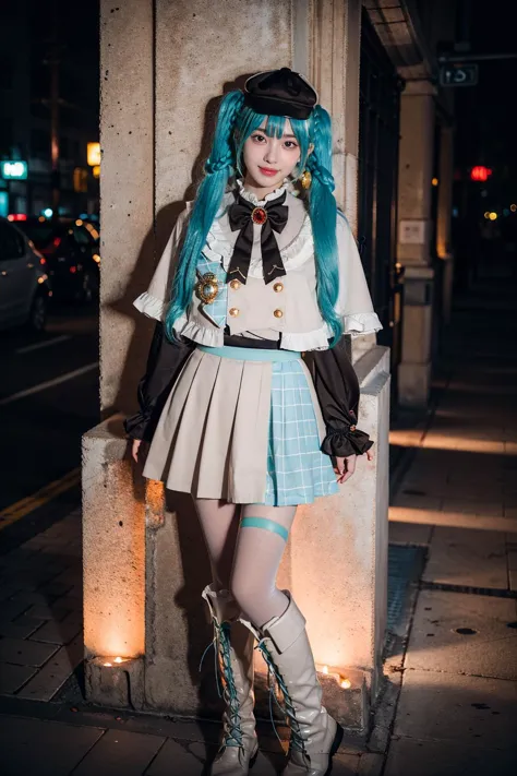 a close up of a woman with blue hair wearing a skirt and boots