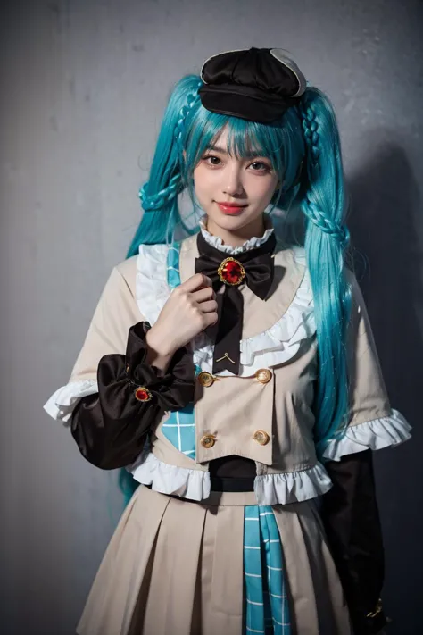 best quality, masterpiece, realistic, photorealistic, 1girl, solo, looking at viewer, smile, standing, cowboy shot, hatsune miku cosplay costume, hatsune miku, cosplay, aqua hair, twintails, very long hair, braid, capelet, long sleeves, skirt, pleated skirt, plaid, frills, bowtie, bow, hat, jewelry, brooch, grey background, <lora:miku_cosplay_detective_v1:0.7>