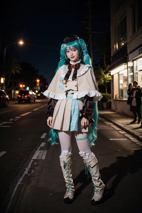 best quality, masterpiece, realistic, photorealistic, 1girl, solo, looking at viewer, smile, standing, full body, arms at side, hatsune miku cosplay costume, hatsune miku, cosplay, aqua hair, twintails, very long hair, braid, capelet, long sleeves, skirt, pleated skirt, plaid, frills, bowtie, bow, hat, jewelry, brooch, thigh strap, pantyhose, white pantyhose, white boots, street, people, night, light, neon light, <lora:miku_cosplay_detective_v1:0.7>