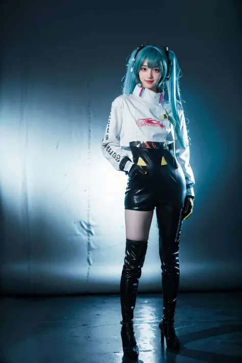 best quality, masterpiece, realistic, photorealistic, 1girl, solo, looking at viewer, smile, standing, full body, arms at side, hatsune miku cosplay costume, hatsune miku, racing miku, cosplay, twintails, aqua hair, very long hair, bodysuit, black bodysuit, asymmetrical bodysuit, crop top, white crop top, cropped jacket, white cropped jacket, long sleeves, logo on crop top, logo, print bodysuit, hair ornament, gloves, two-tone gloves, clothes writing, single legwear, single thigh boot, high heel, grey background, <lora:miku_cosplay_Racing2022_v1:0.75>,