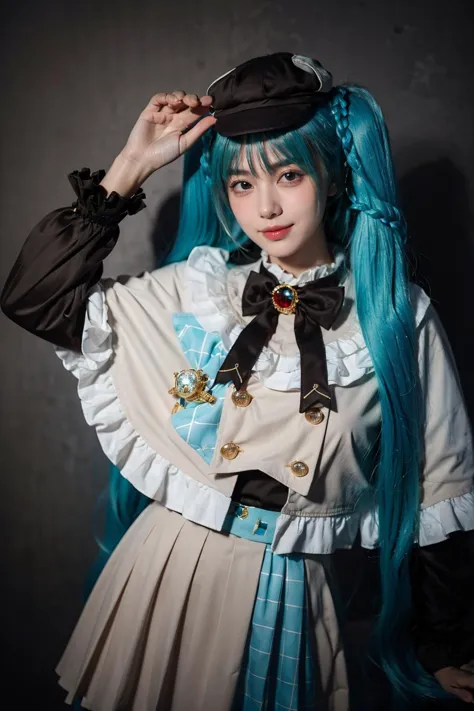 best quality, masterpiece, realistic, photorealistic, 1girl, solo, looking at viewer, smile, standing, cowboy shot, hatsune miku cosplay costume, hatsune miku, cosplay, aqua hair, twintails, very long hair, braid, capelet, long sleeves, skirt, pleated skirt, plaid, frills, bowtie, bow, hat, jewelry, brooch, grey background, <lora:miku_cosplay_detective_v1:0.7>