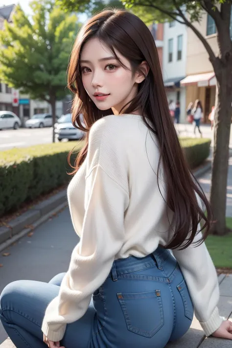 reikamiki, 1girl, solo, jeans, pants, long hair, denim, brown hair, sitting, looking at viewer, outdoors, looking back, blurry, parted lips, sweater, blurry background, brown eyes, lips, realistic, from behind, long sleeves, shirt, tree, striped, blue pant...