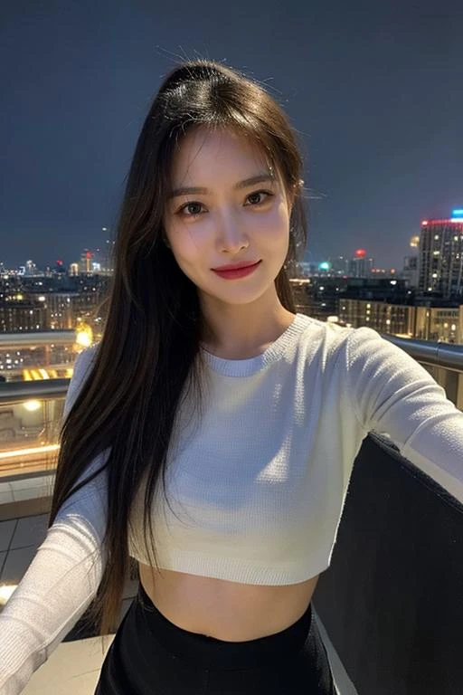 Fujifilm XT3, 8k,close up photo, masterpiece, best quality, (((1girl))), solo,realistic, ((looking at viewer)), photorealistic, (extremely detailed face), looking at viewer, ((ultra-detailed eyes and pupils)), ultra detailed, serious expression, cropped top,shirts, ((standing against a city skyline at night)), (rooftop), crop top, ((navel)), smile, ponytail, slim face, 