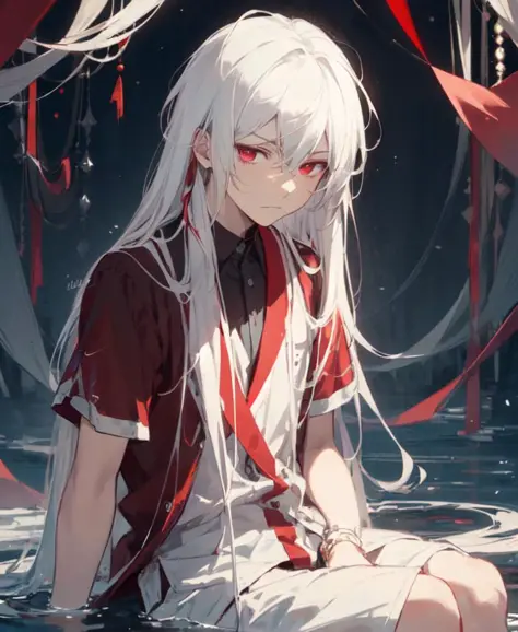 (masterpiece, best quality, high quality), 1boy, ((unimpressed)), sitting, looking at viewer, white hair, (long hair, disheveled hair), red eyes, :(, flowing hair