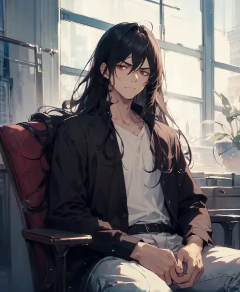 (masterpiece, best quality, high quality), man, ((unimpressed)), sitting, looking at viewer, black hair, (long hair, disheveled ...