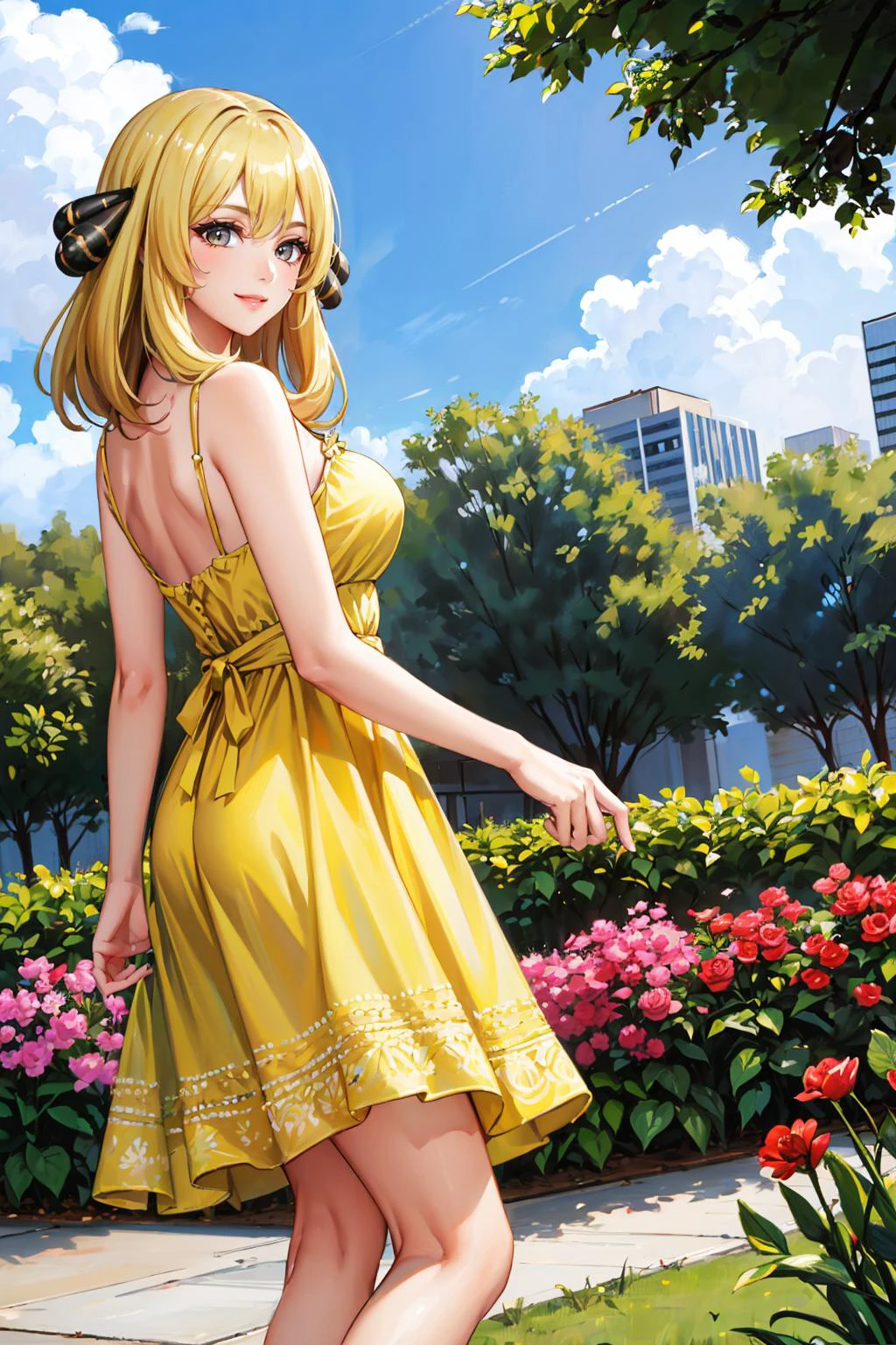 masterpiece, best quality, defCynthia, hair ornament, from behind, yellow sundress, large breasts, smile, mature female, garden, city skyline, blue sky edgYSD,woman wearing a yellow sundress