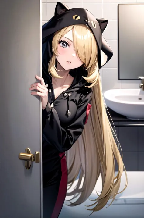 (masterpiece, best quality, detailed), 1girl, solo, looking at viewer, defCynthia, very long hair, hair over one eye, hair ornament,
onesie, animal hood, animal costume, hood up, indoors, bathroom, tile wall, sink, bathtub, <lora:peeking_out_upper_body_pruned:1.2>, peeking out upper body, opening door, parted lips