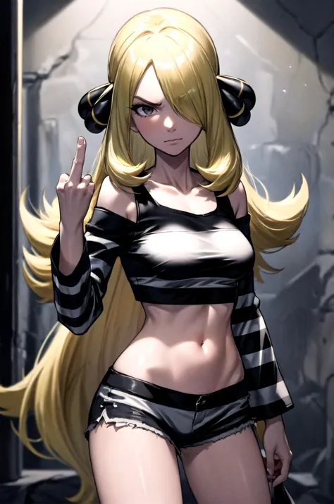 (masterpiece, best quality, detailed), 1girl, solo, looking at viewer, defCynthia, very long hair, hair over one eye, hair ornament,
crop top, off shoulder, bare shoulders, shorts, striped clothes, basement, (dark:1.5), dimly lit, middle finger, closed mouth, glaring