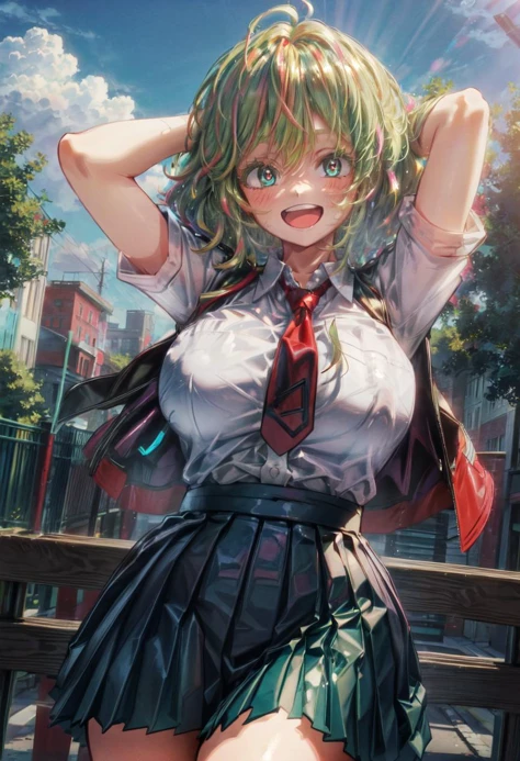 (volumetric lighting, Highres), (Detailed Illustration), Ultra-Detailed, 8k, nsfw, TooruU1, 1girl, solo, looking at viewer, green hair, blush, green eyes, messy hair, medium hair, gigantic breasts,bangs, hair between eyes, open mouth, smile, gloves, ahoge, blue gloves, multicolored hair, (teeth:1.2), cowboy shot, school uniform, white shirt, necktie, red necktie, skirt, pleated skirt, :d, collarbone, collared shirt, green skirt, u.a , short sleeves,  swewat, arms behind head, arms up, outdoors, day, clouds, buildings, school, trees, bushes, (from below:1.2),
BREAK
masterpiece, highly detailed background, ((shiny skin, glossy skin, detailed skin)),
 