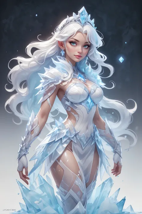 1 girl, solo, (watercolor texture), soft color, illustration anime, waved long hair, white armor, ice theme, tiara made of ice, ...
