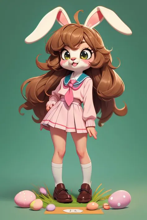 1 anime bunny,  furry, kawaii, vintage anime style, soft pastel color, school uniform, soft color, grey, detailed, HD, 8k, easte...