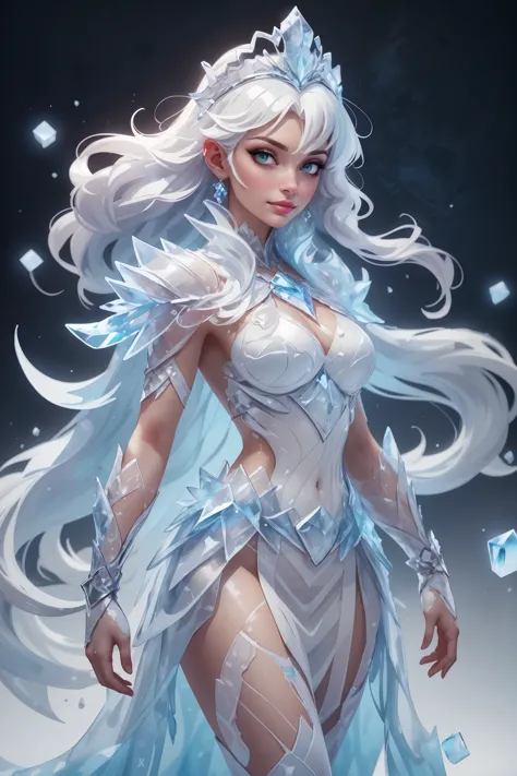 1 girl, solo, (watercolor texture), soft color, illustration anime, waved long hair, white armor, ice theme, tiara made of ice, ...
