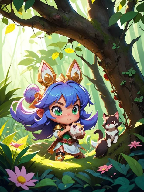 a cartoon girl with a cat and a cat in a forest