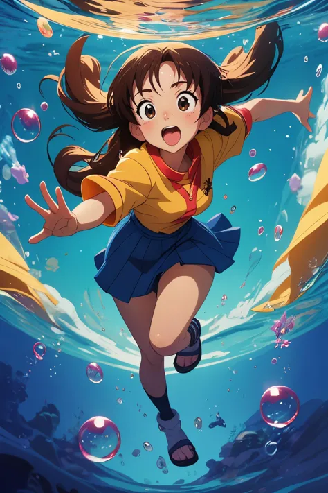 anime key visual, 1  girl fullbody,  solo, symmetrical face, front view, looking at camera, shocked, waved hair,  covered one ey...