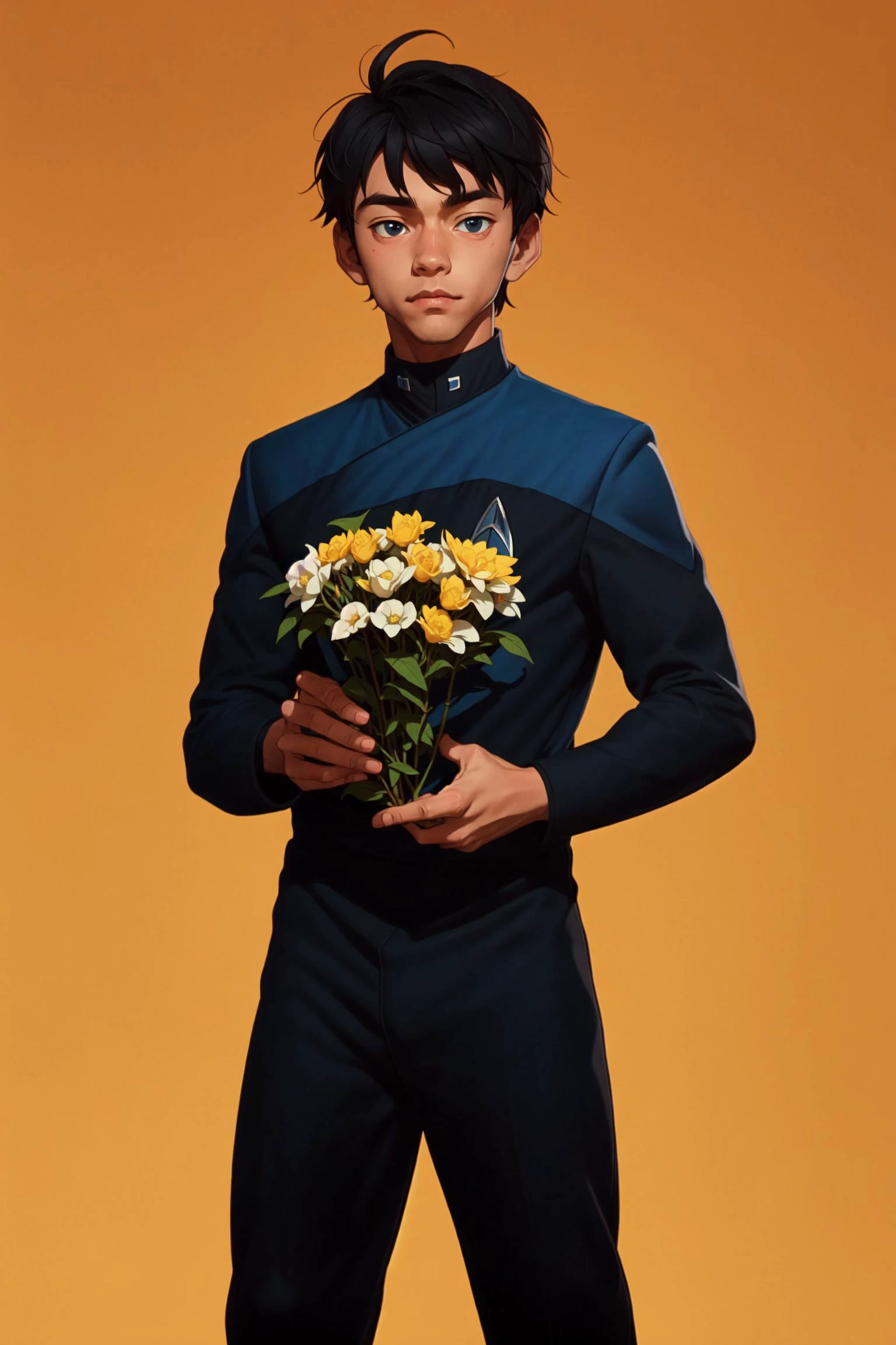 穿著 (PCDST藍色制服,黑褲子,黑色長袖:1.2),動漫15歲男孩, 美麗的 eye, 拿著一批花,  正視圖,  看著相機,  过来看,   美麗的,  傑作, 最好的品質, 透過黑星
