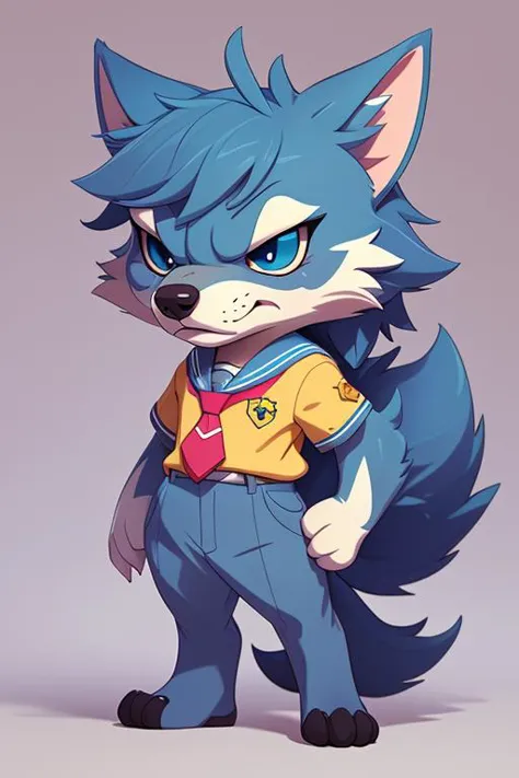 1 anime wolf, furry, kawaii, vintage anime style, soft pastel color, school uniform, soft color, grey, detailed, HD, 8k,  matured body