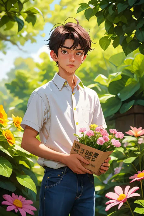 a anime 15 years old boy, beautiful eye, holding a batch of flower,  front view,  looking at camera,  over look,   beautiful,  m...