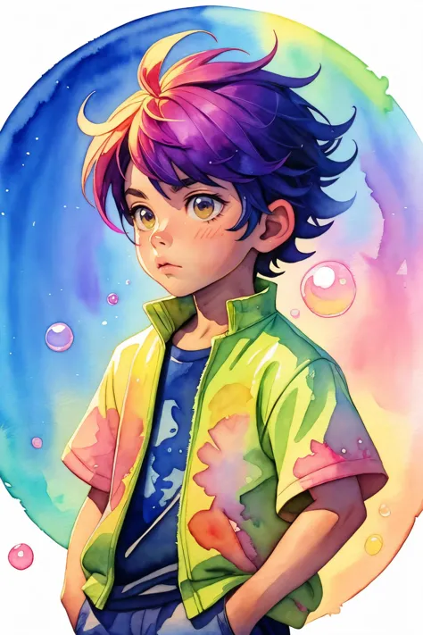a boy solo,  ((watercolor texture)), front view, rainbow colorful hair, soft color, illustration anime, bubbles