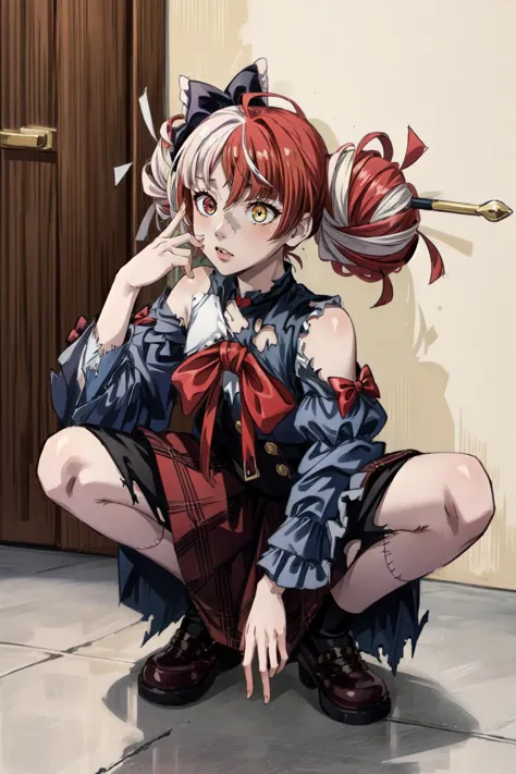 (masterpiece, best quality),  intricate details,
1girl,      
  <lora:add_detail:0.8>   <lora:jk_v3:0.8> squatting,  <lora:ollie:0.8> zombie, patchwork skin, heterochromia, red eyes, yellow eyes, kureiji ollie, double bun, torn dress, red bow, hair bow,