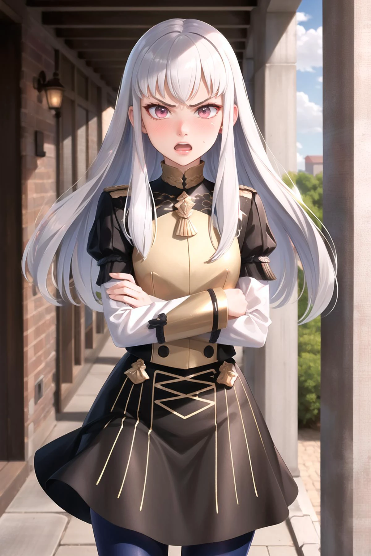 Highly detailed, High Quality, Masterpiece, beautiful, 1girl, solo, lysithea von ordelia, lysitheauniform, blue pantyhose, angry, spoken anger vein, crossed arms, nose blush, embarrassed,