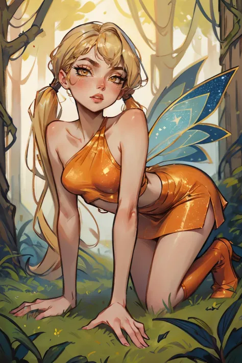 Stella, yellow eyes, blonde hair, FairyOutfit, twintails, long low pigtails, fairy wings, orange outfit, glittery clothes, sparkling clothing, looking at viewer, serious, parted lips, on all fours, outside, forest, natural lighting, high quality, masterpiece,  