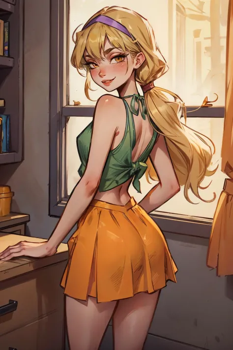 Stella, yellow eyes, blonde hair, CasualOutfit, purple headband, green knotted top, orange skirt, looking back at viewer, serious, smiling, blush, standing, from_behind, leaning on drawer, inside bedroom, natural lighting, high quality, masterpiece,  