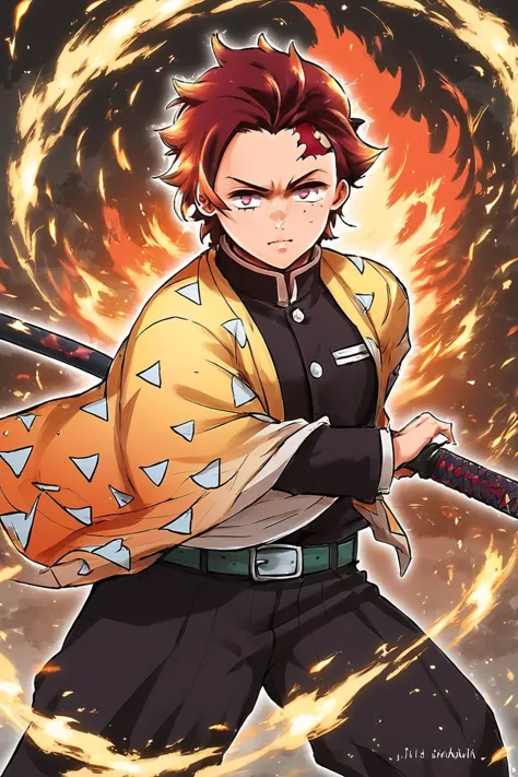 score_9, score_8_up, score_7_up, 
Tanjirou Kamado from Demon Slayer stands poised in a battle-ready stance, ready to draw his ka...