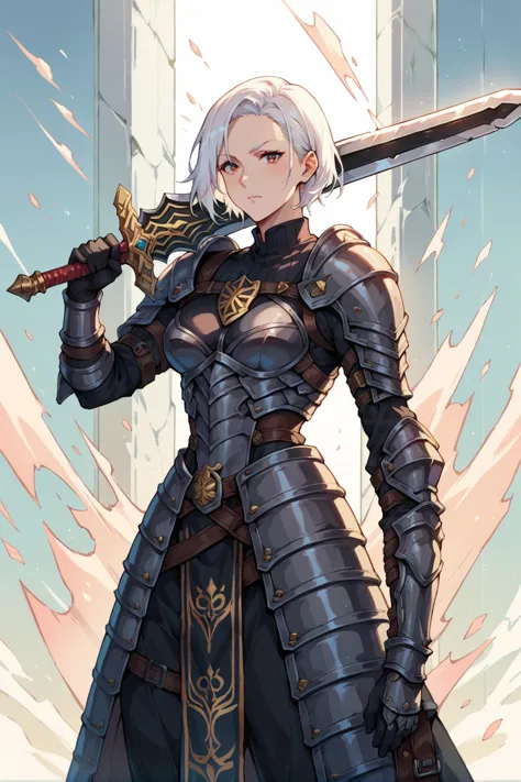 1girl, black armor, white hair,  <lora:sword_over_shoulder:0.8>, holding sword-over-shoulder, weapon over shoulder, score_9, sco...
