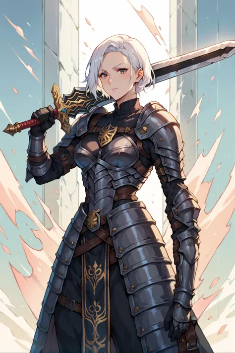 1girl, black armor, white hair,  <lora:sword_over_shoulder:0.8>, holding sword-over-shoulder, weapon over shoulder, score_9, score_8_up, score_7_up,