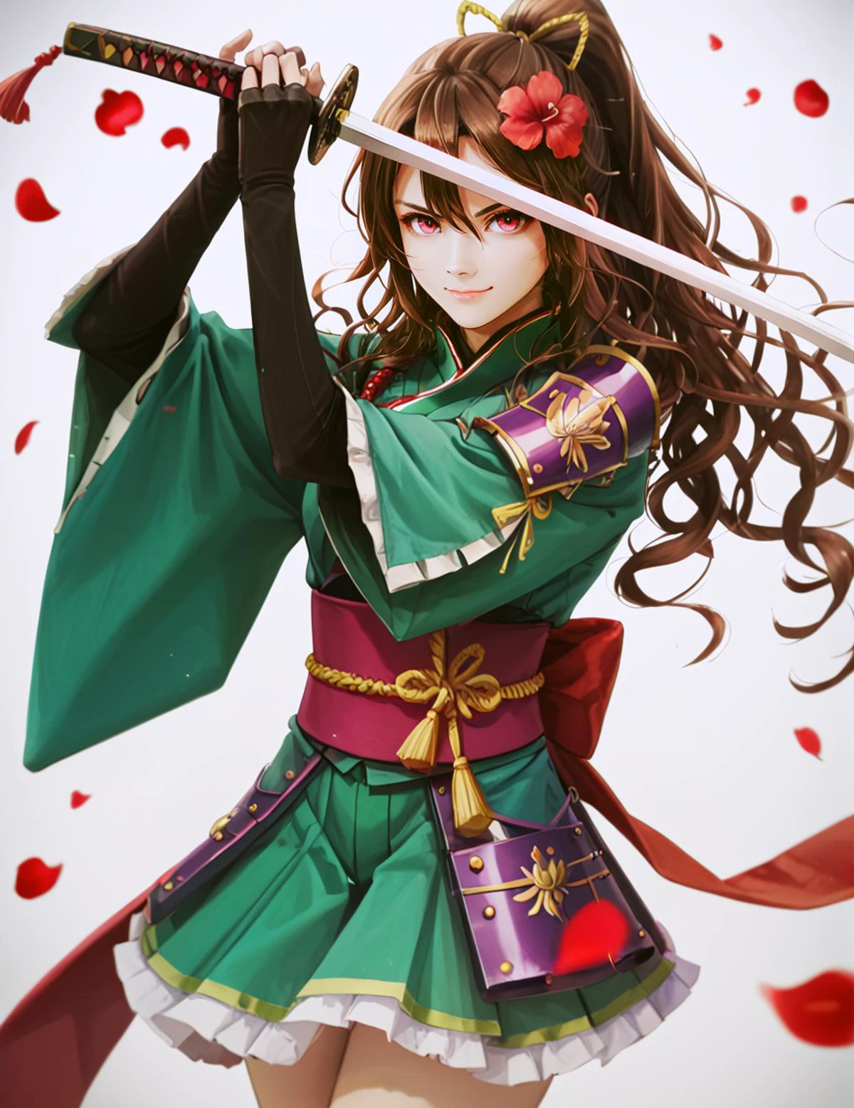 score_9, score_8_up, score_7_up, 
high guard sword parry stance, 1girl,solo,long hair,looking at viewer,smile,bangs,skirt,brown hair,hair ornament,red eyes,gloves,long sleeves,hair between eyes,closed mouth,standing,jacket,ponytail,flower,sidelocks,cowboy shot,pleated skirt,frills,japanese clothes,black gloves,elbow gloves,hair flower,miniskirt,wide sleeves,fingerless gloves,pink eyes,kimono,grey background,armor,blurry,v-shaped eyebrows,gradient,hands up,sash,petals,gradient background,floating hair,depth of field,wavy hair,obi,border,white skirt,katana,frilled skirt,high ponytail,letterboxed,red flower,shoulder armor,tassel,ribbon trim,light particles,ribbon-trimmed sleeves,pauldrons,high collar,blurry foreground,>:),japanese armor,green kimono,falling petals,sode,uneven gloves,single pauldron,two-handed,camellia
 