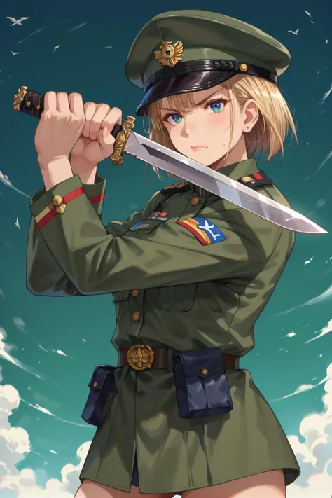 1girl, green military uniform, combat knife,  <lora:low_guard_parry_stance:0.75> low guard sword parry stance, holding knife, sc...