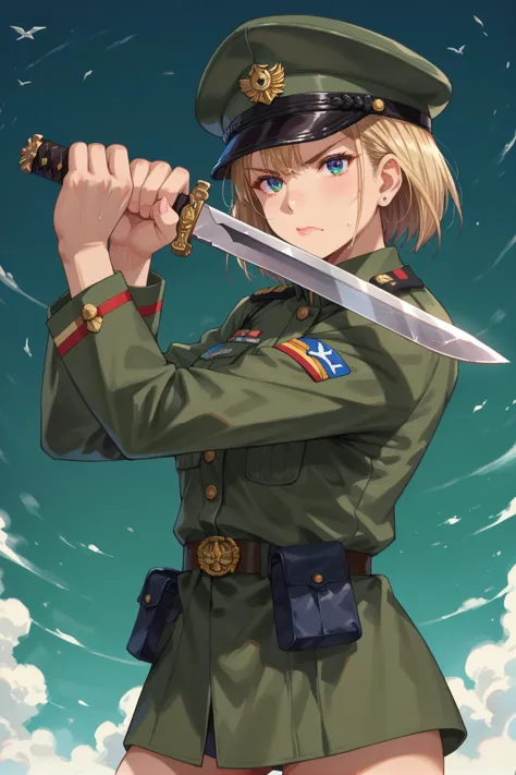 a woman in uniform holding a knife and a sword