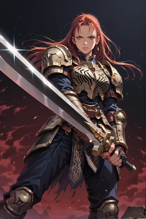 1girl, black steel armor, <lora:Brave_perspective:0.8>  holding sword, brave-perspective  <lora:Sinozick_Style_XL_Pony:0.85> sin...