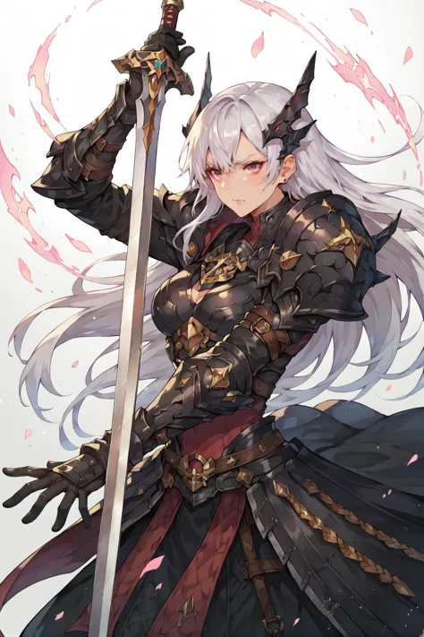 1girl, black armor, white hair, holding sword, two-handed,impaling, <lora:impaling:0.7>, score_9, score_8_up, score_7_up,