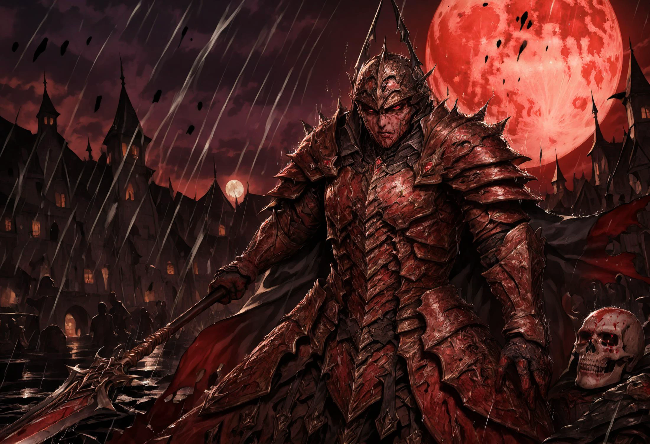 Masterpiece, absurdres, high quality, High details, realistic colors, infernal male necromancer knight with polearm, impaling polearm, on a medieval battlefield near a entrenching, pile of corpses and burning structures in background, full red moon, 
 high detail polearm, polearm is bloody and battle worn, high detail gothic armor engraved runes with dark metallic, worn black Cape, angry eyes, full helm, blood on armor, battle worn armor, blood on helmet, 
rain, dynamic Lighting, light from a full moon, The armor reflects the light and rain, immersive, 