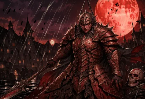 Masterpiece, absurdres, high quality, High details, realistic colors, infernal male necromancer knight with polearm, <lora:impaling:0.9> impaling polearm, on a medieval battlefield near a entrenching, pile of corpses and burning structures in background, full red moon, 
 <lora:bloodyface:0.9>, high detail polearm, polearm is bloody and battle worn, high detail gothic armor engraved runes with dark metallic, worn black Cape, angry eyes, full helm, blood on armor, battle worn armor, blood on helmet, 
rain, <lora:sinfully_stylish_SDKL:1> dynamic Lighting, light from a full moon, The armor reflects the light and rain, immersive, <lora:add-detail-xl:3>, <lora:detailed_notrigger:1.8>, <lora:NicolaSamori:0.2>, <lora:wallpaper_X:0.3>