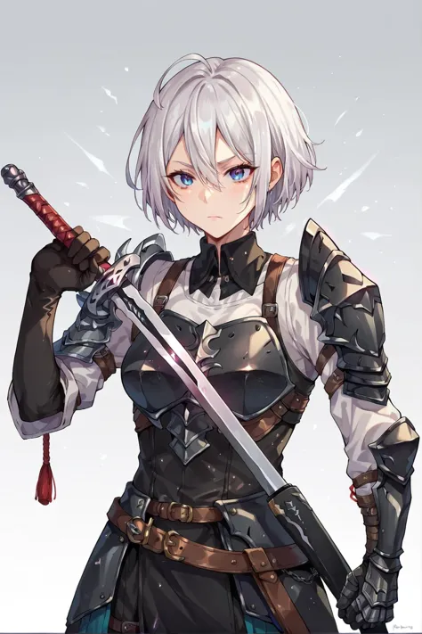 1girl, black armor, white hair, unsheathing, holding weapon, drawing sword, one-handed, scabbard score_9, score_8_up, score_7_up,