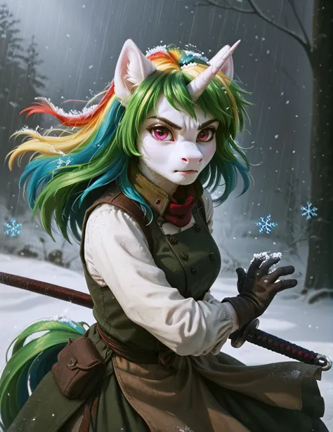 score_9, score_8_up, score_7_up, 
source_furry,
battoujutsu sword stance, 
 female, solo, breasts, unicorn, hair, fur, my little pony,  gloves, outside,  equine, fingers, anthro, green hair, looking at viewer, mammal, shaded, eyelashes, pink eyes, horn, rainbow hair, multicolored hair, eyebrows, hasbro, detailed background, friendship is magic, 5 fingers, white body, iskra, 2021, equid, digital media \(artwork\), 2020, inner ear fluff, 
 solo,looking at viewer, angry,
snow, snowflakes, ((snowstorm, wind, epic)),
dynamic, motion blur,
 <lora:battoujutsu_sword_stance:0.8>