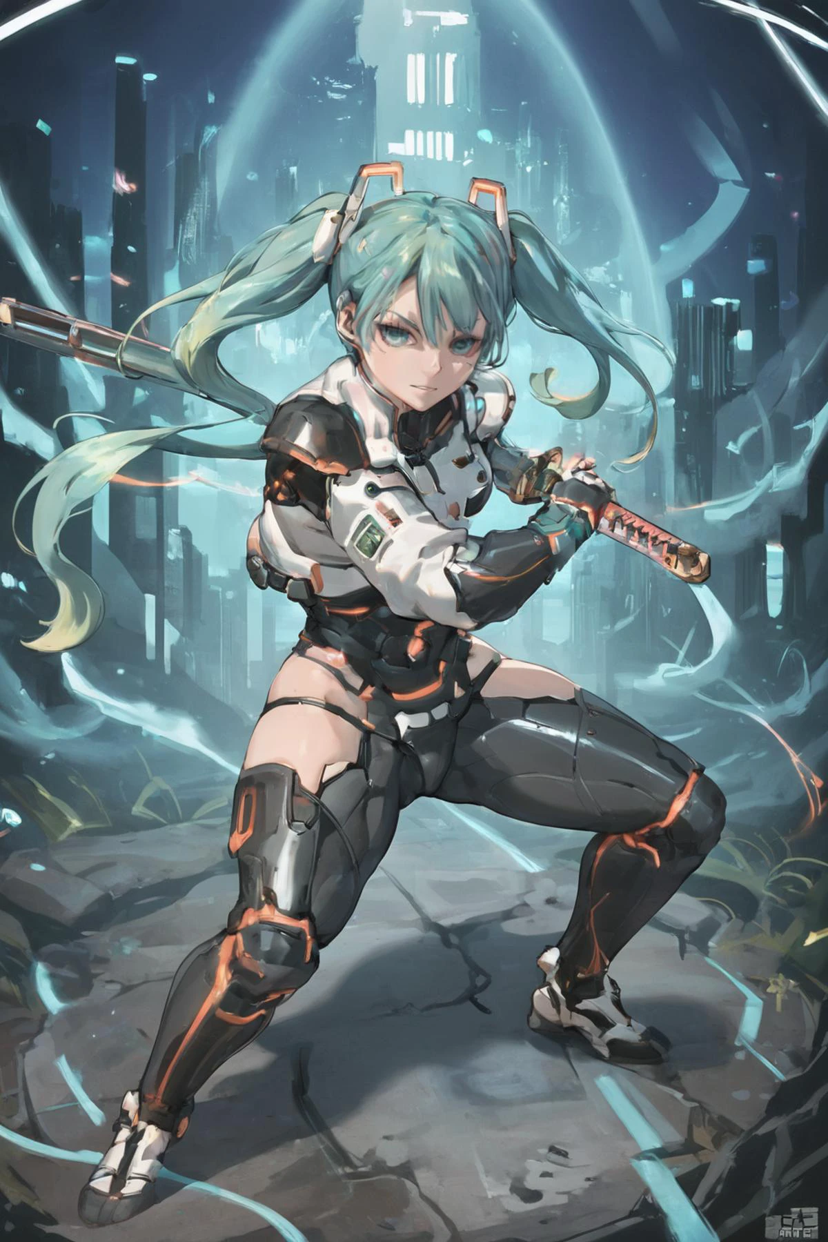 Punktzahl_9, Punktzahl_8_hoch, Punktzahl_7_hoch, Punktzahl_6_hoch, Punktzahl_5_hoch, Punktzahl_4_hoch,
An Anime-Serie-style, sci-fi scene featuring Hatsune Miku in a dynamisch samurai pose. Sie duckt sich tief, bereit zu zeichnen her katana with intensiv focus. Her outfit blends traditional samurai armor with futuristisch elements, incorporating sleek metal accents and glowing Neon highlights. The background is a beschwingt, futuristisch cityscape filled with holographic billboards and towering skyscrapers, Verbesserung der Cyberpunk-Atmosphäre. The scene is filled with kompliziert details, von der Beschaffenheit ihrer Rüstung bis zu den Spiegelungen in ihren Augen, Schaffen eines fesselnden und immersiven visuellen Erlebnisses. Science-Fiction, Anime-Serie, cyberpunk, ausführlich, dynamisch, futuristisch, Neon, intensiv, kompliziert, beschwingt.
Battoujutsu-Schwerthaltung, bereit zu zeichnen
