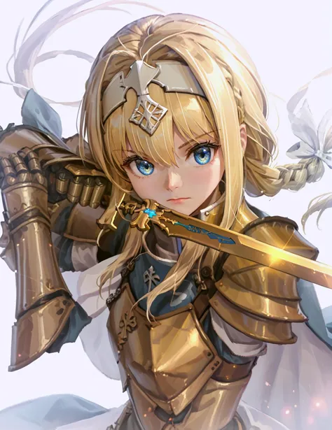 score_9, score_8_up, score_7_up, 
low guard sword parry stance, 1girl,solo,long hair,looking at viewer,bangs,blue eyes,blonde hair,white background,bow,hair between eyes,very long hair,closed mouth,upper body,braid,hair bow,hairband,cape,armor,floating hair,white bow,shoulder armor,gauntlets,pauldrons,braided ponytail,white hairband,breastplate,fantasy,blue cape,knight,glowing weapon,glowing sword,two-handed,gold armor,alice zuberg

