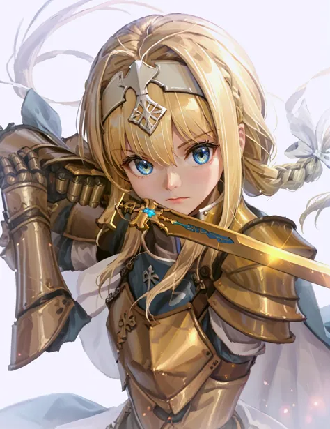 score_9, score_8_up, score_7_up, 
low guard sword parry stance, 1girl,solo,long hair,looking at viewer,bangs,blue eyes,blonde hair,white background,bow,hair between eyes,very long hair,closed mouth,upper body,braid,hair bow,hairband,cape,armor,floating hair,white bow,shoulder armor,gauntlets,pauldrons,braided ponytail,white hairband,breastplate,fantasy,blue cape,knight,glowing weapon,glowing sword,two-handed,gold armor,alice zuberg
<lora:low_guard_parry_stance:1>