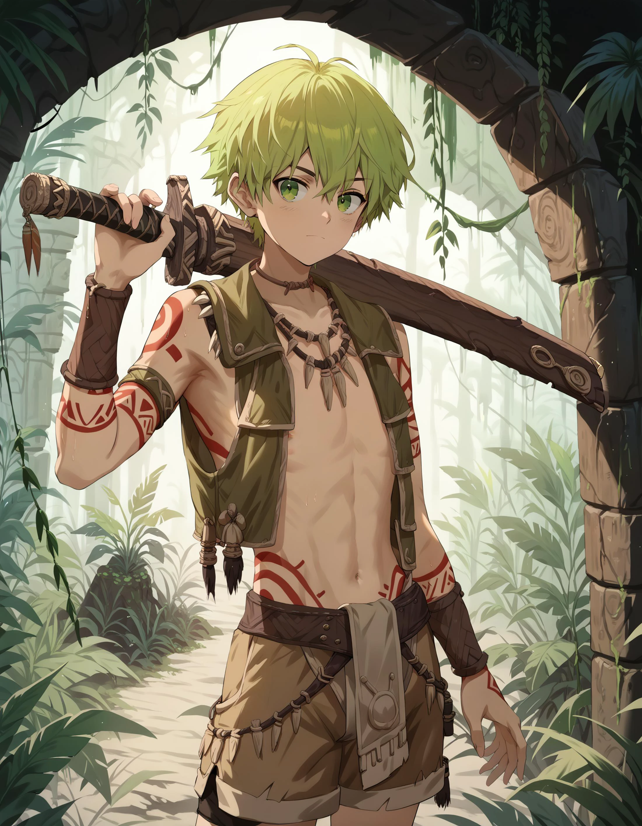 score_9, score_8_up, score_7_up, score_6_up, source_anime, outdoors, jungle, ancient ruins, overgrown, 1boy, solo, green hair, green eyes, tribal tattoos, leather vest, brown shorts, holding wood sword 