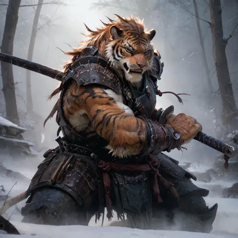 score_9, score_8_up, score_7_up, source_photo,
dynamic, close-up, anthro, male, muscular, tiger, fluffy fur, tail,
armor, (scars, claws, sharp fangs:1.2),
battoujutsu sword stance, ready to draw,
solo, volumetric lighting, realistic shadows, fog, snow, battle
<lora:Fant5yP0ny:0.8>
<lora:DynamicPose_alpha1.0_rank4_noxattn_100steps (1):1.0>
<lora:battoujutsu_sword_stance:1.0>