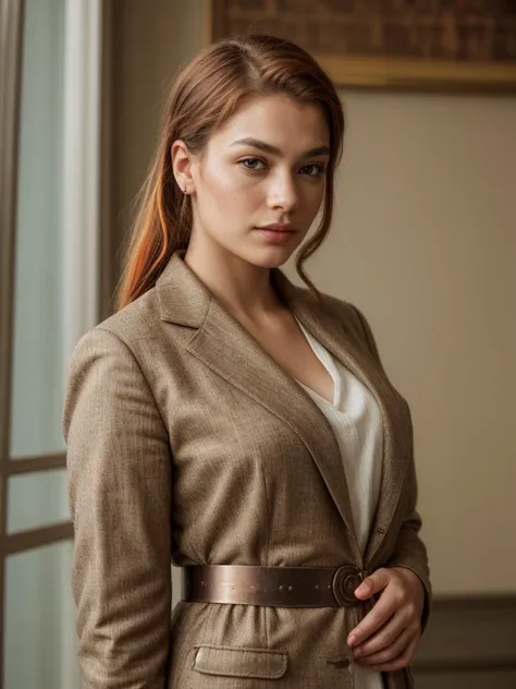 a woman in a brown jacket and white shirt posing for a picture