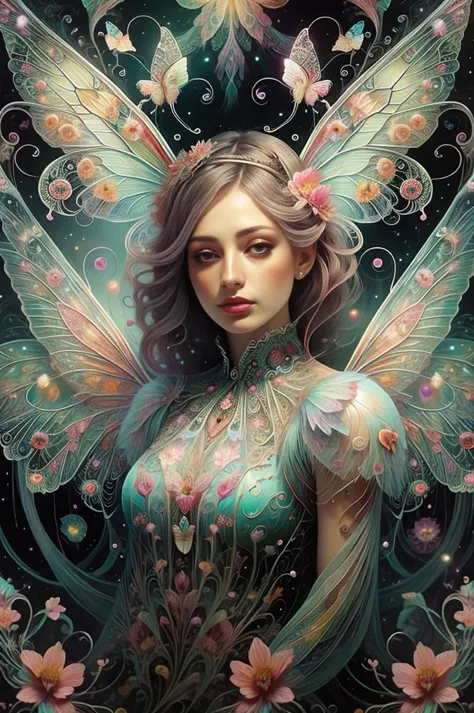 cute fairy, wings, flowers in background, intricate details, colorful, butterflies anzhcdreamwave, aesthetic aurorastyle