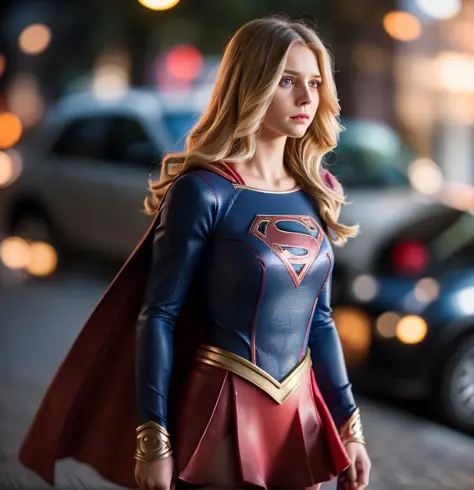 supergirl, hair blonde, cape red, realistic, 1girl dress black in hair black, (masterpiece:1.2) (photorealistic:1.2) (bokeh) (best quality) (intricate details) (8k) (HDR) (analog film) (canon d5) (cinematic lighting) (sharp focus),