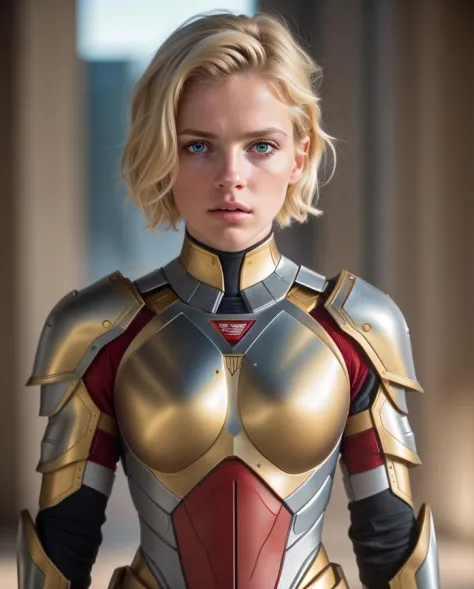 1girl, skin pores texture, Hair blonde short, HD , Photography, movie, cinematic, full Body armor red , blue and gold, hero, Rea...