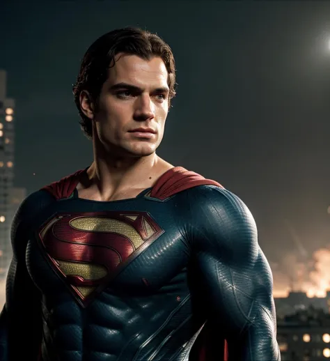 Henry cavill is superman , superhero, upper body, colours, draw comic, 1boy, building destroyed (cinematic, teal and orange:0.85), (muted colors, dim colors, soothing tones:1.3), low saturation, (hyper detailed:1.2), (noir:0.4), (intricate details:1.12), h...