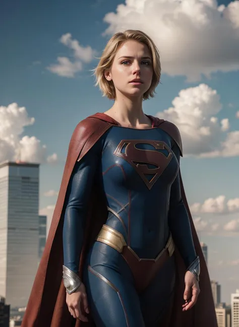 Supergirl , hero, hair short blonde, ((masterpiece)), ((best quality)), (ultra-detailed), absurdres, extremely detailed CG unity...